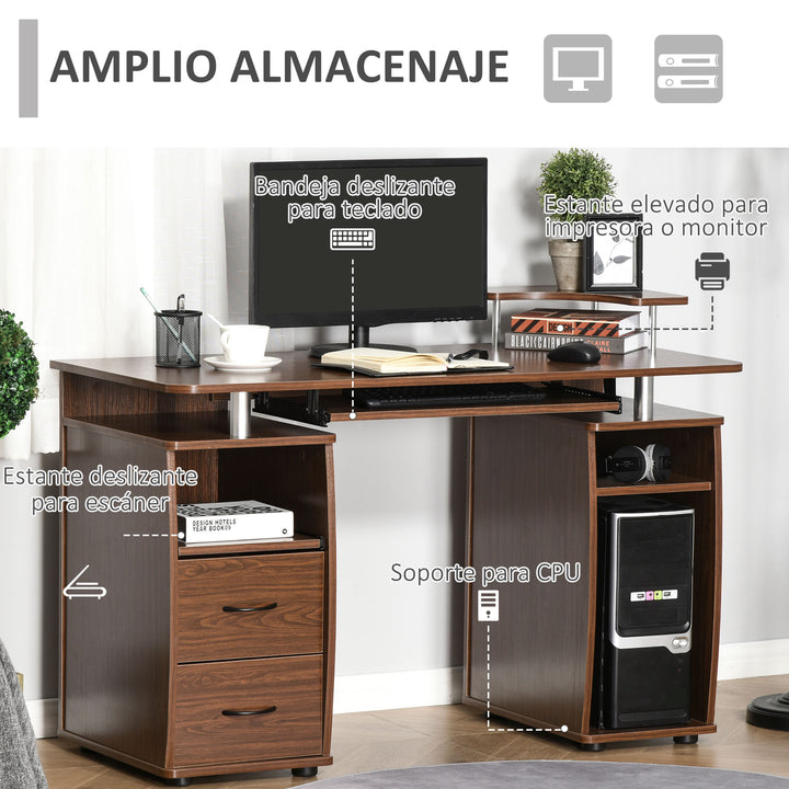 Secretária para computador Mesa para PC com prateleiras múltiplas Bandeja de teclado Suporte para CPU e 2 gavetas 120x55x85 cm Noz