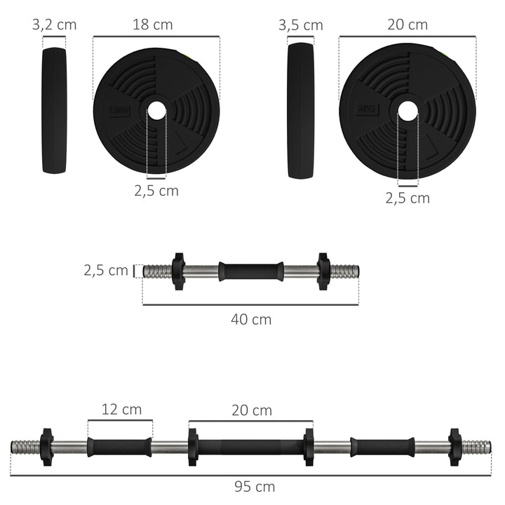 Kit de Halteres 15 kg 2 em 1 Jogo de Pesos com Barra de Pesos Pega Antiderrapante para Treino de Força em Casa Ginásio Escritório Preto e Verde