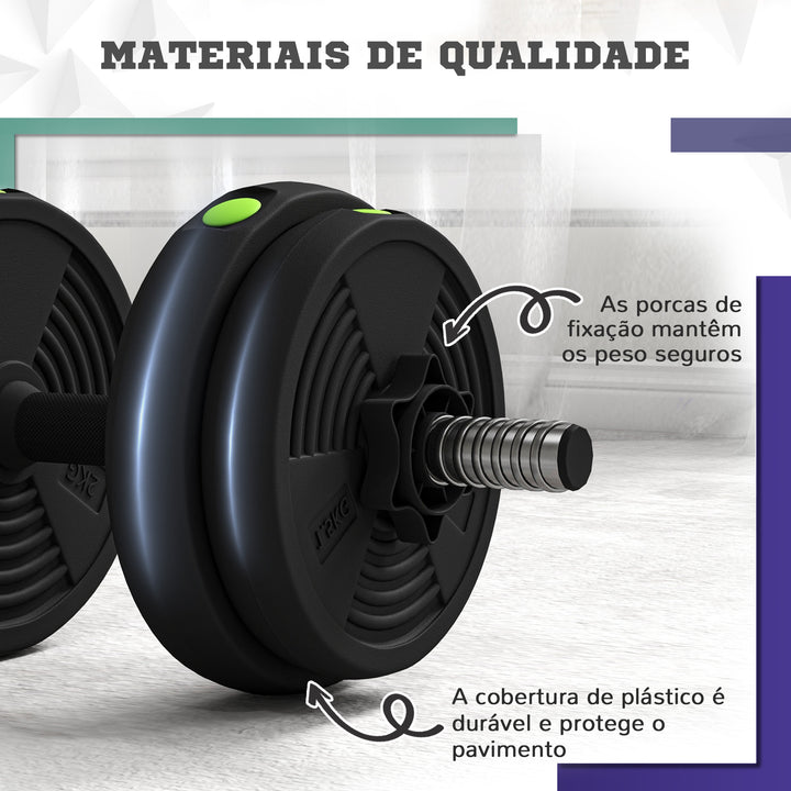 Kit de Halteres 15 kg 2 em 1 Jogo de Pesos com Barra de Pesos Pega Antiderrapante para Treino de Força em Casa Ginásio Escritório Preto e Verde