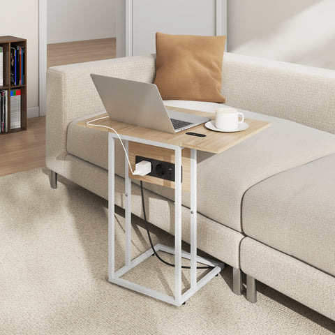 Mesa Auxiliar com Estação de Carga Mesa Auxiliar para Sofá com Tampo Dobrável e Pés Ajustáveis Mesinha Auxiliar para Sala Quarto 39x29x57 cm Branco e Madeira