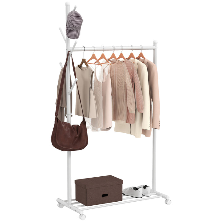 Charriot com Rodas Charriot com 5 Ganchos Barra para Pendurar e Prateleira Inferior Charriot para Dormitório Lavandaria 86x43x171 cm Branco