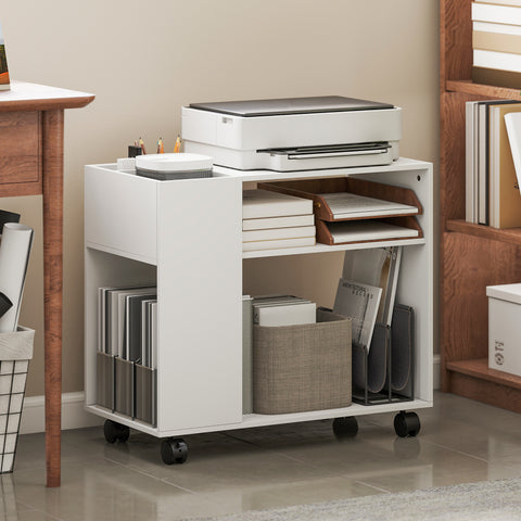 Mesa de Apoio com Rodas Mesa com Compartimentos Superiores e Prateleiras Abertas para Quarto Sala Escritório 70x36x60 cm Branco
