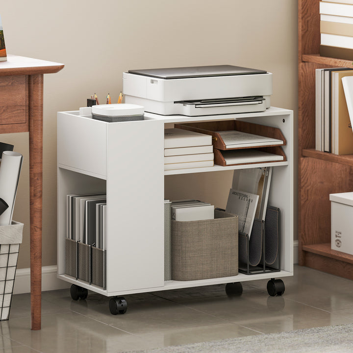 Mesa de Apoio com Rodas Mesa com Compartimentos Superiores e Prateleiras Abertas para Quarto Sala Escritório 70x36x60 cm Branco