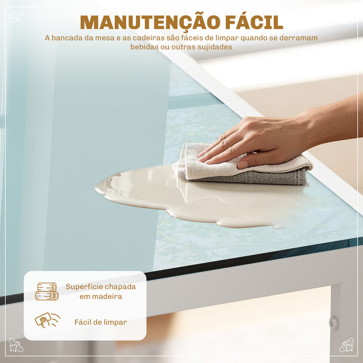 Conjunto de Refeição Mesa e 4 Cadeiras Conjunto de 5 Peças de Móveis de Cozinha Mesa Retangular de Vidro Temperado e Cadeiras Estofadas em PU com Pés de Metal Branco