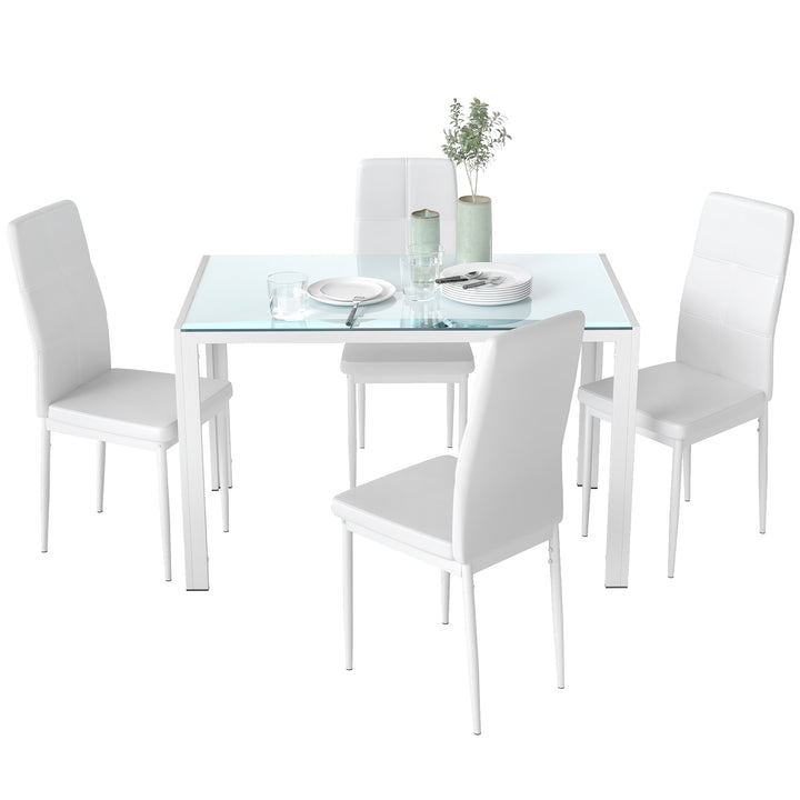 Conjunto de Refeição Mesa e 4 Cadeiras Conjunto de 5 Peças de Móveis de Cozinha Mesa Retangular de Vidro Temperado e Cadeiras Estofadas em PU com Pés de Metal Branco