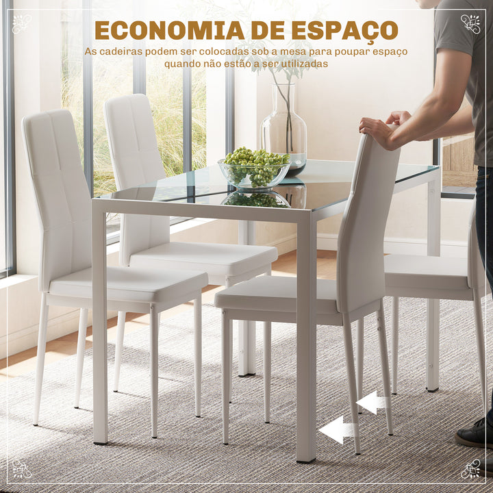 Conjunto de Refeição Mesa e 4 Cadeiras Conjunto de 5 Peças de Móveis de Cozinha Mesa Retangular de Vidro Temperado e Cadeiras Estofadas em PU com Pés de Metal Branco
