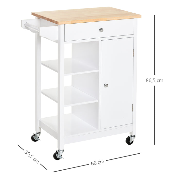 Carrinho de cozinha com 1 gaveta 1 armário 3 prateleiras abertas 66x39.5x86.5 cm Branco