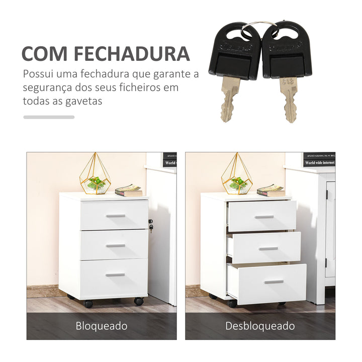 Armário de escritório com 3 gavetas Rodas com freio Fechadura 40x41,5x61,5 cm Branco