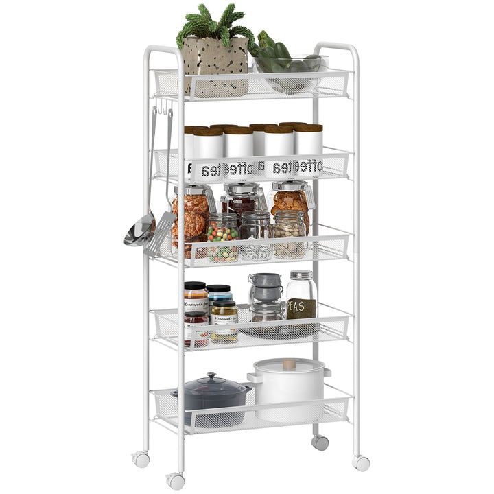 Carrinho Auxiliar com Rodas Carrinho de Cozinha de 5 Níveis com 4 Ganchos Capacidade de 15 kg para Sala de Jantar Sala de Estar Casa de Banho 45x26,5x106 cm Branco