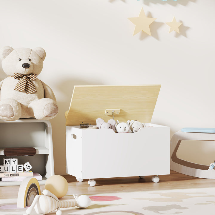 Baú de Brinquedos com Rodas Baú Infantil com Tampa Abatível e Dobradiça de Segurança Design de Nuvem para Quarto Sala de Jogos Creche 59x30x53 cm Branco e Madeira