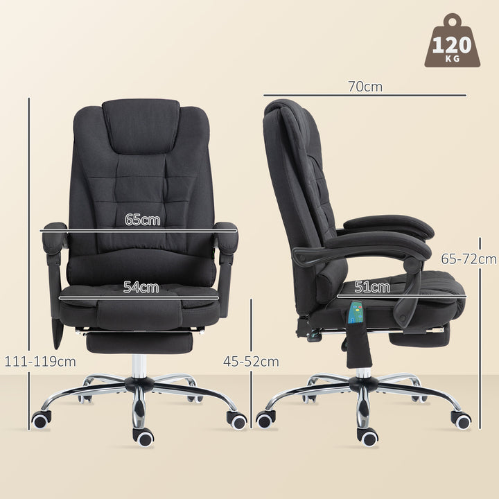 Cadeira de Escritório com 6 Pontos de Massagem Giratória com Encosto Reclinável 135º Função de Aquecimento Apoio para os Pés Retrátil Altura Ajustável e Controlo Remoto 65x70x111-119 cm Preto