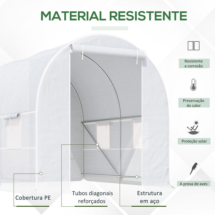 Estufa Tipo Túnel 245x200x200cm Estufa de Jardim com Portas Enroláveis e 4 Janelas Cobertura de PE 140 g/m² Estrutura de Metal para Cultivo de Plantas Verduras Branco