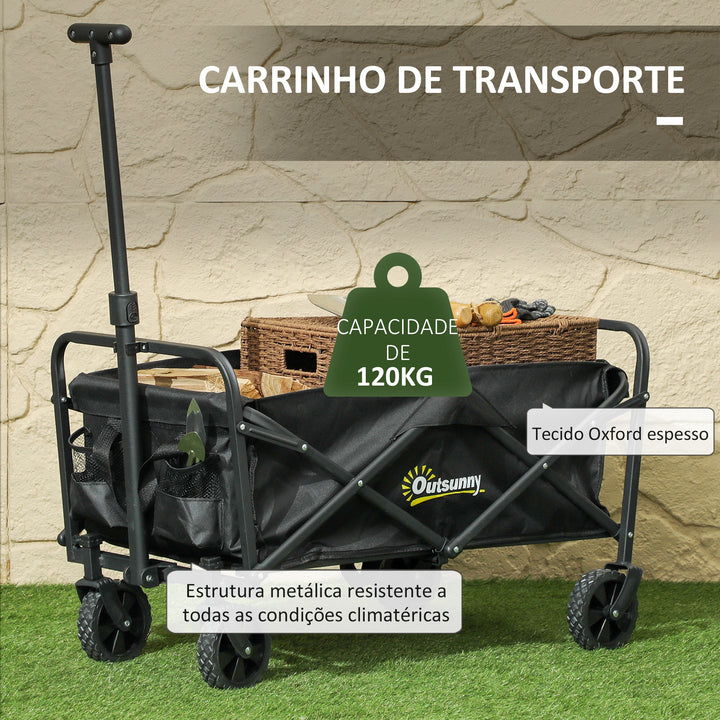 Carrinho de Transporte com Rodas Carrinho de Jardim Dobrável com Pega Telescópica Ajustável 2 Bolsas de Arrumação Carrinho de Praia Jardim Campismo Carga 120 kg 64x42x27 cm Preto