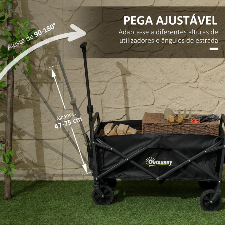 Carrinho de Transporte com Rodas Carrinho de Jardim Dobrável com Pega Telescópica Ajustável 2 Bolsas de Arrumação Carrinho de Praia Jardim Campismo Carga 120 kg 64x42x27 cm Preto