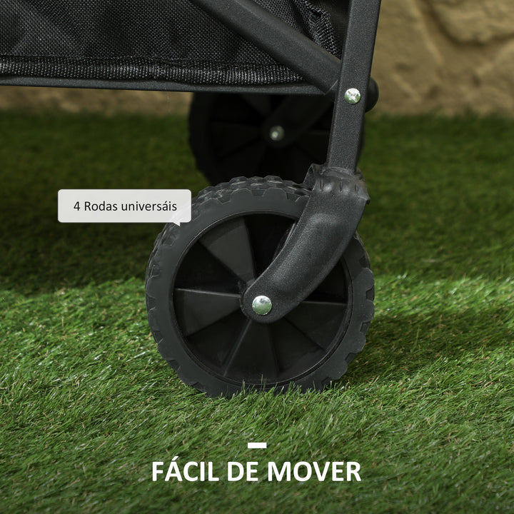 Carrinho de Transporte com Rodas Carrinho de Jardim Dobrável com Pega Telescópica Ajustável 2 Bolsas de Arrumação Carrinho de Praia Jardim Campismo Carga 120 kg 64x42x27 cm Preto