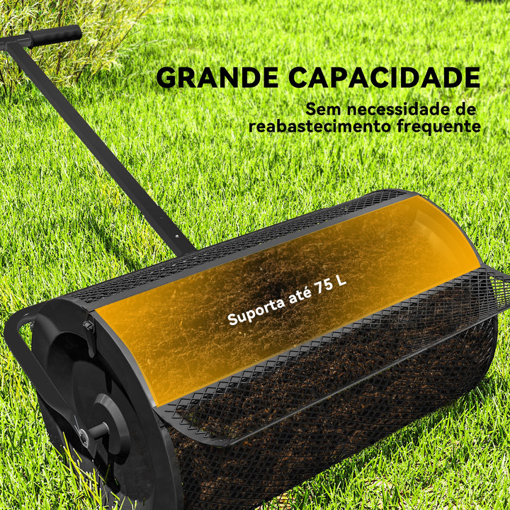 Espalhador de Composto 300L 70x40x112 cm Espalhador de Adubo para Relvado com Guiador Ajustável Cesto de Rede Metálica para Cuidados de Relvado Jardim Preto