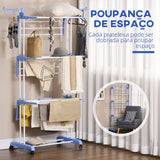 Estendal Dobrável para Roupa com Rodas Estendal Vertical de Aço com 3 Níveis Laterais Dobráveis Carga Máxima 70kg 73x64x177cm Azul e Branco