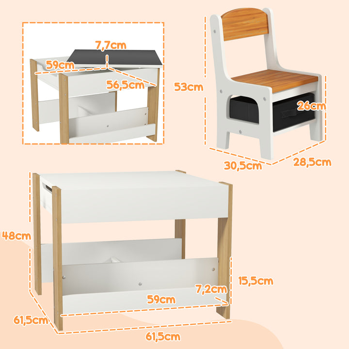 Conjunto de Mesa e 2 Cadeiras Infantis Mesa com Cadeiras para Crianças 2 em 1 com Ardósia Gavetas de Tecido e Espaço de Armazenamento para Quarto Sala de Jogos Cinza