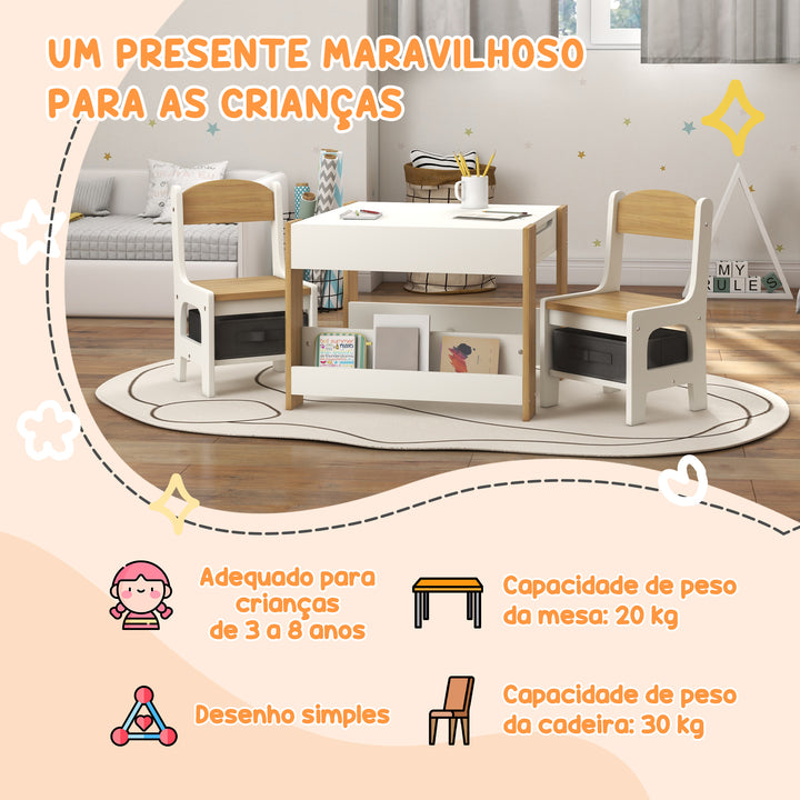 Conjunto de Mesa e 2 Cadeiras Infantis Mesa com Cadeiras para Crianças 2 em 1 com Ardósia Gavetas de Tecido e Espaço de Armazenamento para Quarto Sala de Jogos Cinza