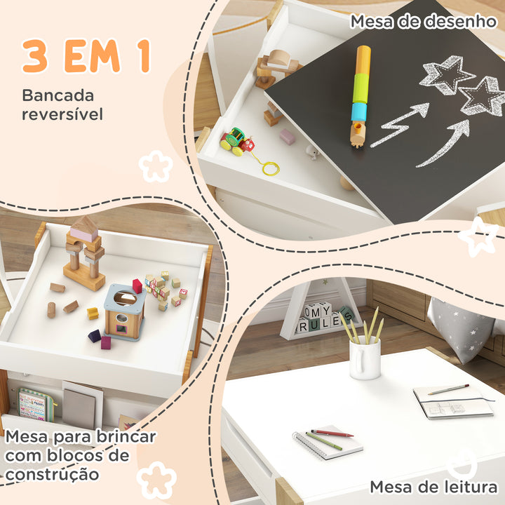 Conjunto de Mesa e 2 Cadeiras Infantis Mesa com Cadeiras para Crianças 2 em 1 com Ardósia Gavetas de Tecido e Espaço de Armazenamento para Quarto Sala de Jogos Cinza