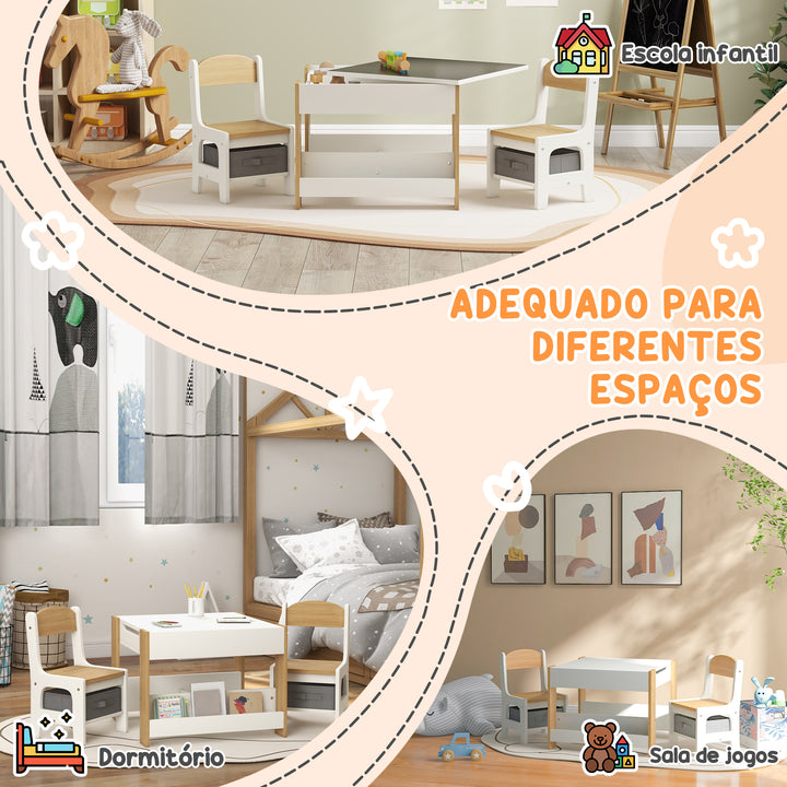 Conjunto de Mesa e 2 Cadeiras Infantis Mesa com Cadeiras para Crianças 2 em 1 com Ardósia Gavetas de Tecido e Espaço de Armazenamento para Quarto Sala de Jogos Cinza