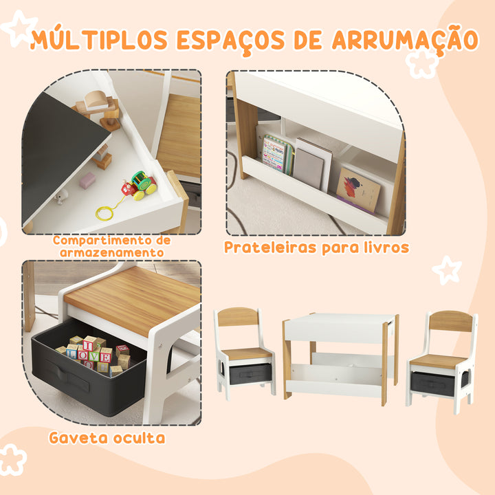 Conjunto de Mesa e 2 Cadeiras Infantis Mesa com Cadeiras para Crianças 2 em 1 com Ardósia Gavetas de Tecido e Espaço de Armazenamento para Quarto Sala de Jogos Cinza