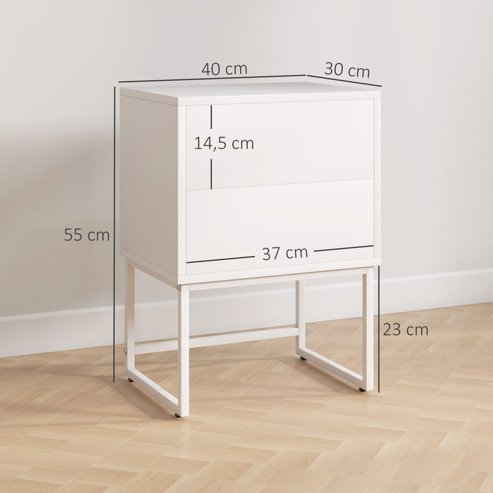 Conjunto de 2 Mesas de Cabeceira Estreitas Mesas de Cabeceira Quarto com 2 Gavetas Abertura por Pressão e Pés de Aço Estilo Moderno 40x30x55 cm Branco