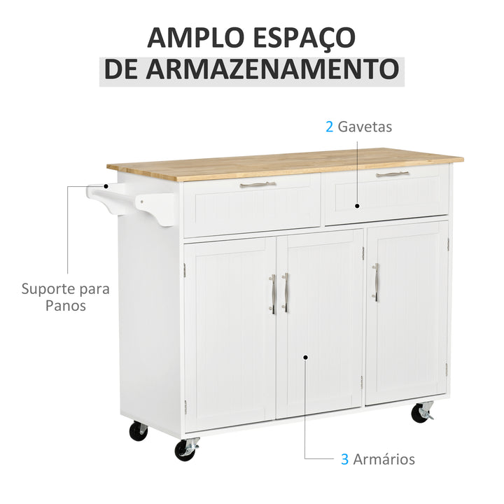 Carrinho de Cozinha com Rodas Carrinho de Cozinha Multiuso com 2 Gavetas 3 Portas Prateleiras Ajustáveis e Barra para Sala de Jantar 121x46x91cm Branco e Madeira