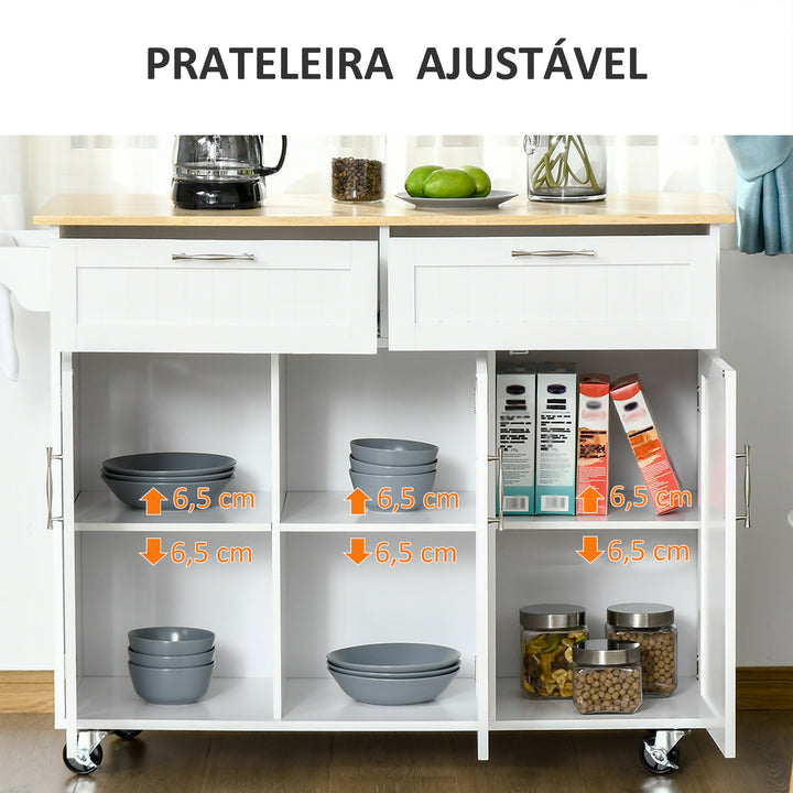 Carrinho de Cozinha com Rodas Carrinho de Cozinha Multiuso com 2 Gavetas 3 Portas Prateleiras Ajustáveis e Barra para Sala de Jantar 121x46x91cm Branco e Madeira