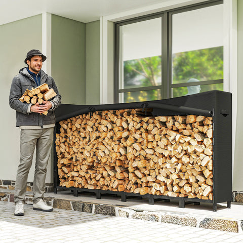 Suporte de Lenha Metálico 235x31x116 cm para Exterior com Capa Impermeável Oxford 600D Estrutura de Aço e Correntes de Aço Suporte para Lenha Armazenamento para Madeira Preto