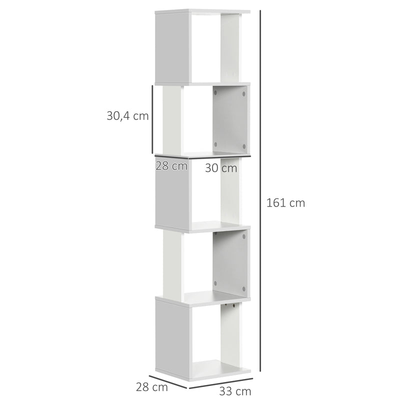 Estante de Livros em Forma de S Estante com 5 Prateleiras Abertas para Sala de Estar Escritório Estúdio Anti-Tombo Carga Máxima 100kg 33x28x161cm Branco e Cinza Claro