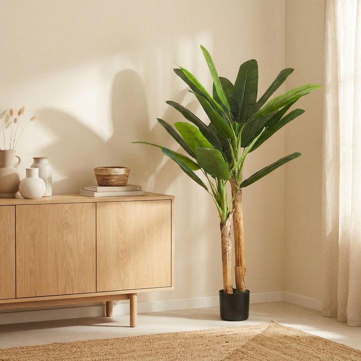 Árvore de Bananeira Artificial 150 cm com Vaso e 2 Troncos para Decoração de Interiores - Sala, Casa ou Escritório - Cor Verde