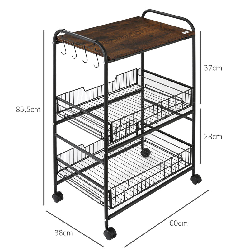 Carrinho de Cozinha com Rodas Carrinho Auxiliar de 3 Níveis com 2 Cestas e 4 Ganchos para Cozinha Sala de Jantar 60x38x85,5 cm Castanho Rústico