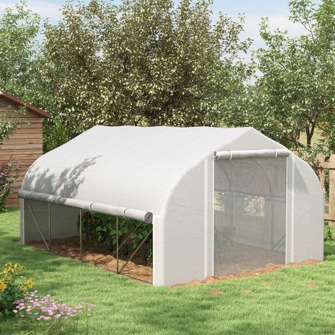 Estufa Tipo Túnel 395x300x200 cm com Porta de Malha e 8 Janelas Estufa de Jardim com Porta e Janelas Enroláveis e Cobertura de PE para Cultivos de Plantas Verduras Branco