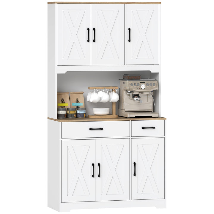 Armário de Cozinha Alto Móvel Auxiliar de Cozinha com 6 Portas Bancada Aberta para Micro-Ondas 2 Gavetas Prateleiras Ajustáveis Orifício para Cabo 94x39,5x175,2 cm Branco