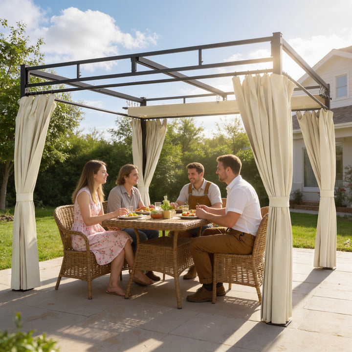 Pérgola de Jardim 295x295x221 cm com Teto Retrátil e Cortinas UPF30+ Estrutura Metálica Pérgola para Exterior Bege