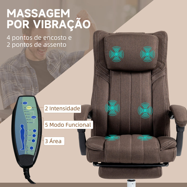 Cadeira de Escritório com 6 Pontos de Massagem por Vibração Cadeira de Escritório Reclinável com Altura Ajustável Controlo Remoto Encosto Alto e Apoio para a Cabeça 65x61x101-113 cm Marrom