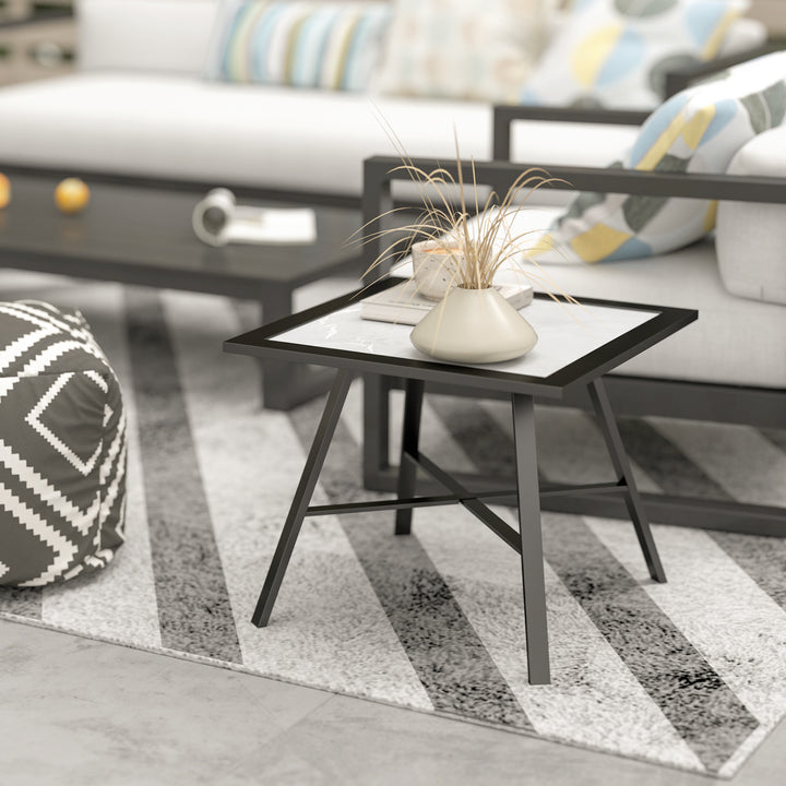 Mesa Auxiliar Quadrada para Jardim Mesa de Exterior com Bancada de Aspecto Pedra Mesa para Exterior Varanda Pátio 55x55x46 cm Preto e Cinza