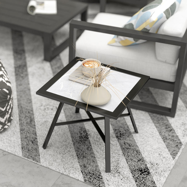 Mesa Auxiliar Quadrada para Jardim Mesa de Exterior com Bancada de Aspecto Pedra Mesa para Exterior Varanda Pátio 55x55x46 cm Preto e Cinza