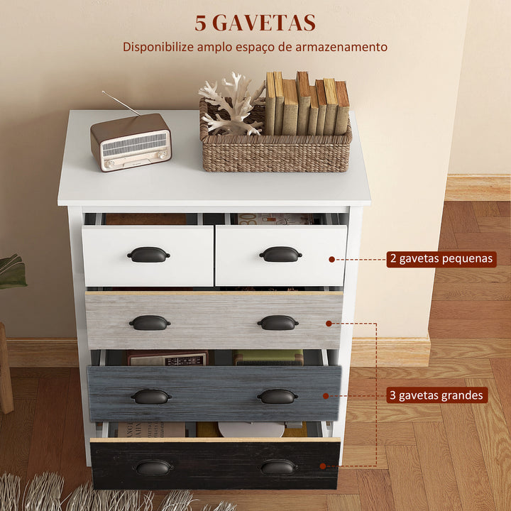 Cómoda com 5 Gavetas Cómoda para Dormitório Moderna com Desenho Anti-Tombo Cómoda para Sala de Estar Corredor 70x38x85 cm Branco