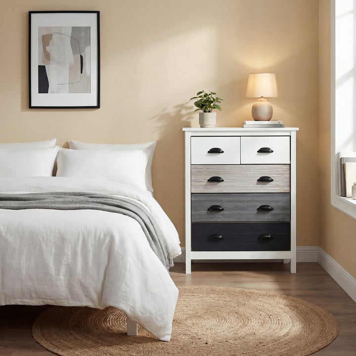 Cómoda com 5 Gavetas Cómoda para Dormitório Moderna com Desenho Anti-Tombo Cómoda para Sala de Estar Corredor 70x38x85 cm Branco