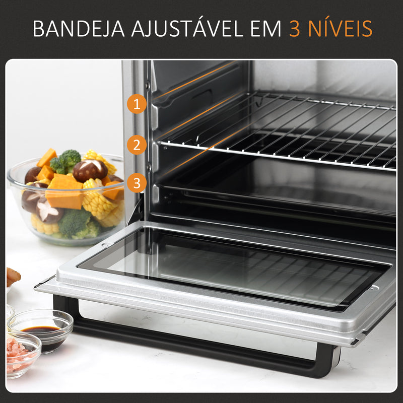 Mini Forno de Convecção 32L 16000 com 3 Modos de Aquecimento Temperatura até 230 °C Temporizador Bandeja de Assar Ajustável em 3 Níveis 52,2x38,1x33,5cm Prata