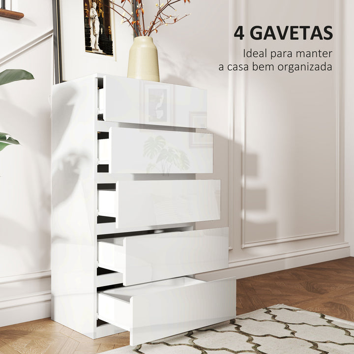 Cómoda com 5 Gavetas de Madeira Cómoda de Dormitório Cómoda Branca para Sala de Estar Estilo Moderno 55x33x100 cm Branco Brilhante