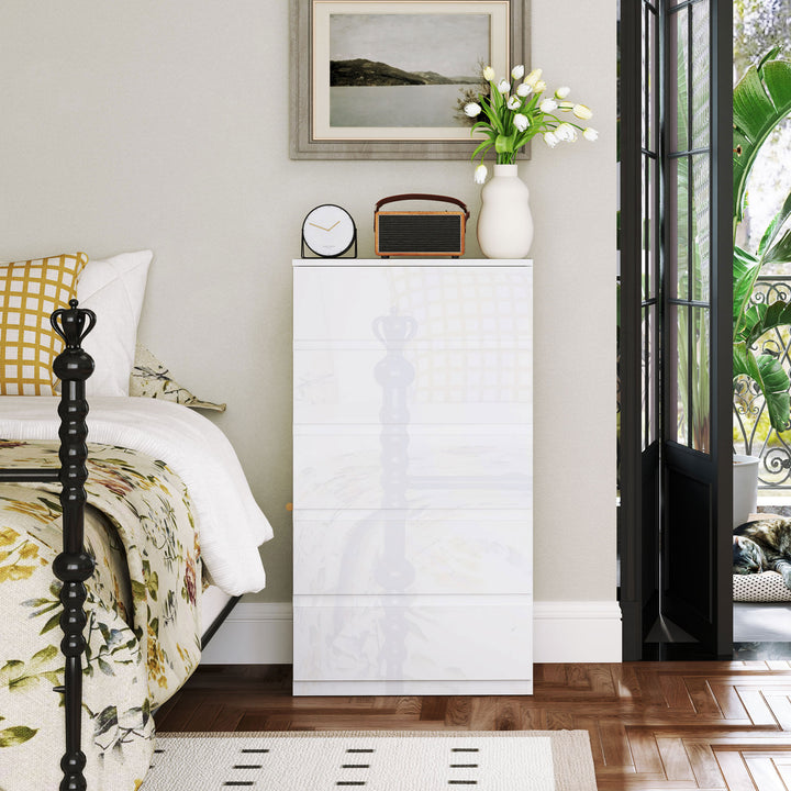 Cómoda com 5 Gavetas de Madeira Cómoda de Dormitório Cómoda Branca para Sala de Estar Estilo Moderno 55x33x100 cm Branco Brilhante