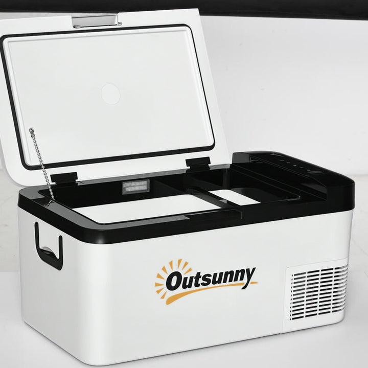 Frigorífico e Congelador de Compressor 18L Portátil até -20? com Luz LED e Alças Dobráveis Frigorífico de Carro 12V/24V e 240V para Casa Campismo Viagem 58,5x33,5x29,2cm Branco