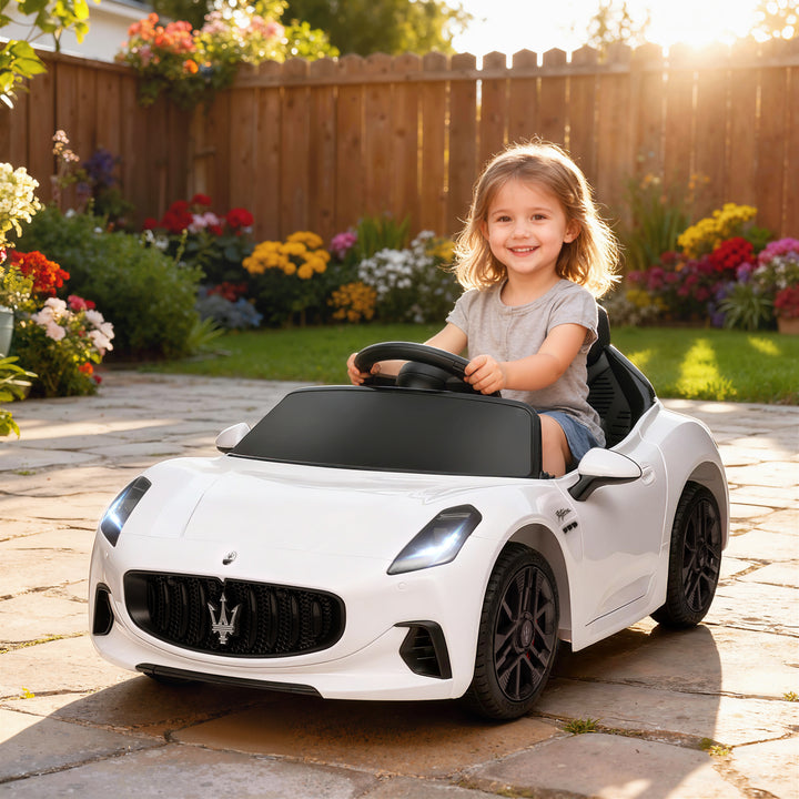 Carro Elétrico para Crianças acima de 3 Anos Carro Maserati Gran Turismo Folgore Carro Elétrico com Bateria 12V Controlo Remoto Faróis Buzina e Música MP3 98x59x43 cm Branco