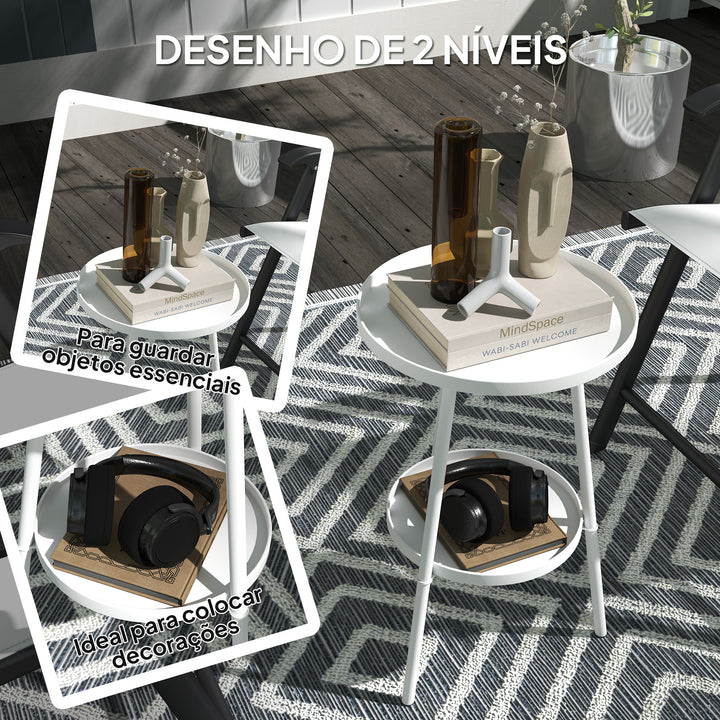 Mesa de Jardim Redonda de 2 Níveis Mesa de Exterior Ø32x51 cm com Bandeja Inferior e Estrutura de Metal Mesa para Exterior e Interior Branco