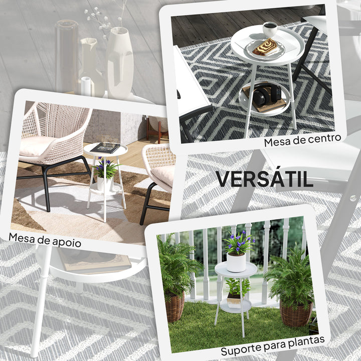 Mesa de Jardim Redonda de 2 Níveis Mesa de Exterior Ø32x51 cm com Bandeja Inferior e Estrutura de Metal Mesa para Exterior e Interior Branco