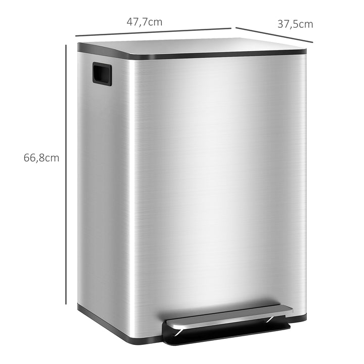 Balde de Lixo de Cozinha com 2 Compartimentos 2x30L Cubo de Lixo de Aço Inoxidável com Pedal Fechamento Suave e Cubo Amovível para Escritório Cozinha Prata