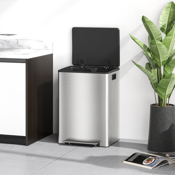 Balde de Lixo de Cozinha com 2 Compartimentos 2x30L Cubo de Lixo de Aço Inoxidável com Pedal Fechamento Suave e Cubo Amovível para Escritório Cozinha Prata
